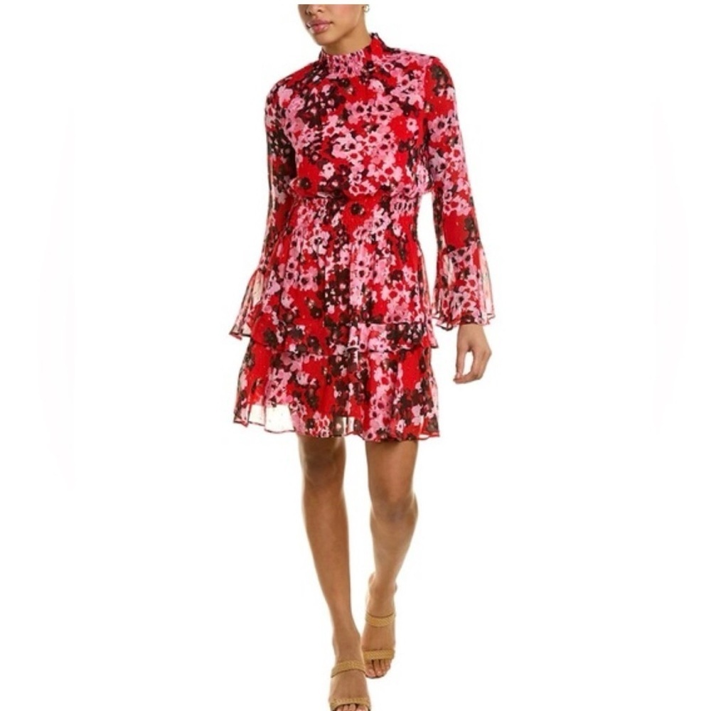 Taylor Long Sleeve Mock Neck Smocked Waist Floral Dress 10P